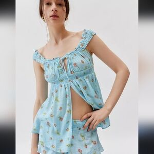 NEW UO Out From Under Lilly Babydoll Light Blue Fruit Print Top M
